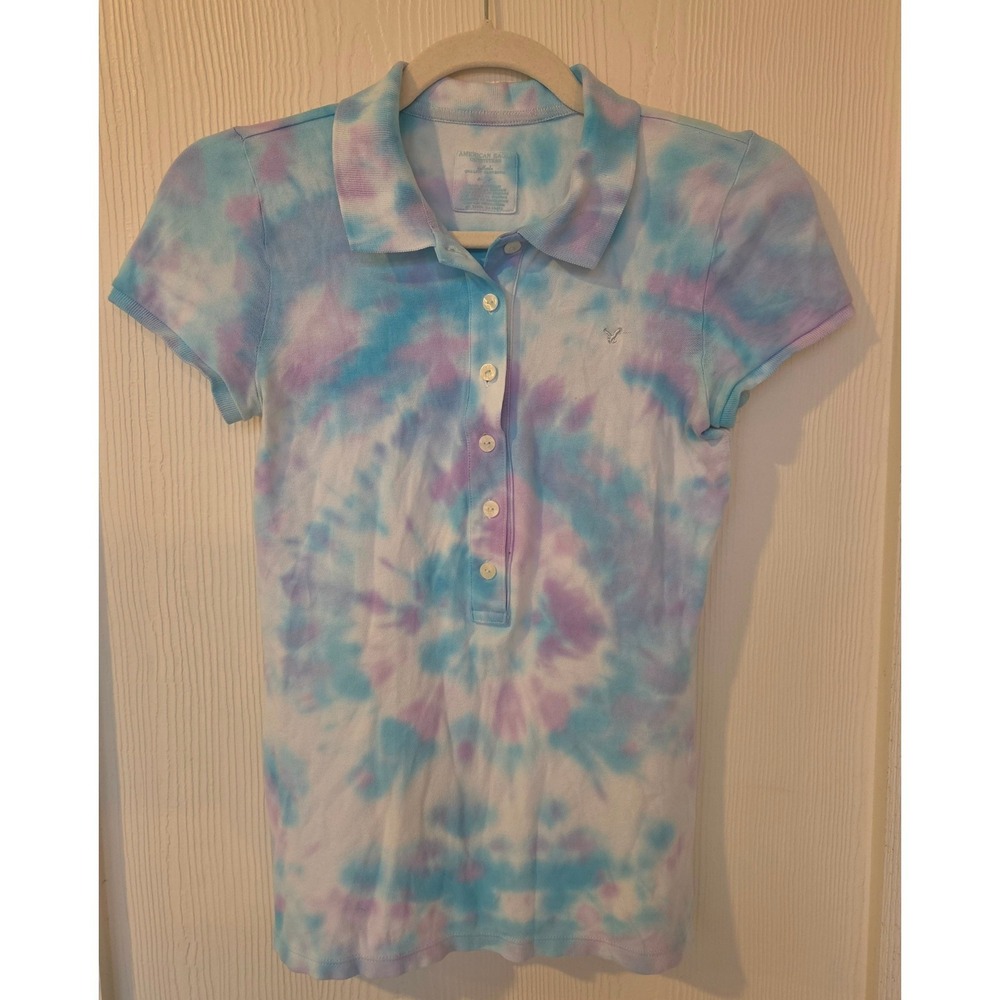 True Vintage Y2K American Eagle Tie Dye Polo Shirt Size XS 90s Retro Bella Swan